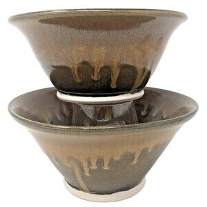 VTG Studio Art Pottery Ceramic Nesting Bowls Brown Drip Glaze Artist Signed Set